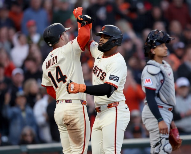 San Francisco Giants’ Heliot Ramos #17 celebrates with San Francisco...