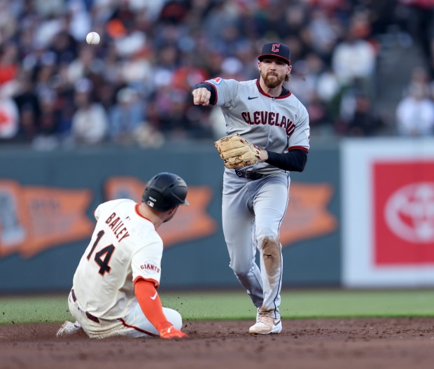 San Francisco Giants’ Patrick Bailey i#14 is out as Cleveland...