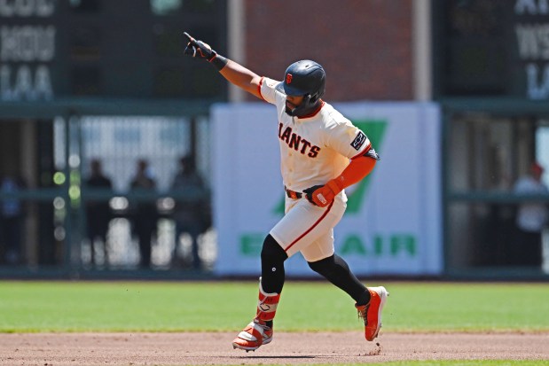 San Francisco Giants' Heliot Ramos (17) gestures after hitting a solo home run in the first inning of their MLB game at Oracle Park in San Francisco, Calif., on Saturday, June 21, 2025. (Jose Carlos Fajardo/Bay Area News Group)