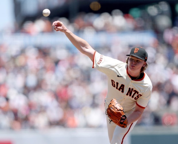 San Francisco Giants starting pitcher Hayden Birdsong #60 throws against the Miami Marlins in the third inning of their MLB game at Oracle Park in San Francisco, Calif., on Thursday, June 26, 2025. (Jane Tyska/Bay Area News Group)