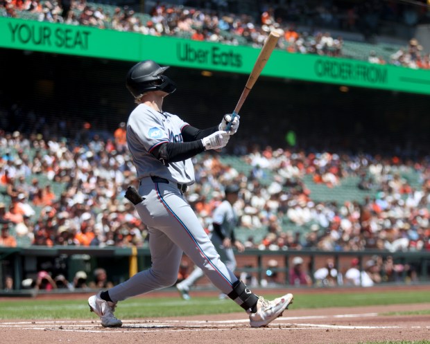 Miami Marlins' Kyle Stowers #28 watches the flight of his...