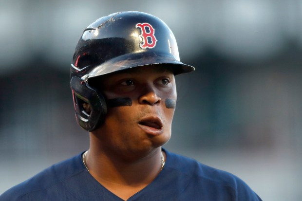 Boston Red Sox' Rafael Devers walks off the field after grounding out to the catcher in the second inning against the San Francisco Giants, Friday, July 28, 2023, in San Francisco, Calif.. (Karl Mondon/Bay Area News Group)