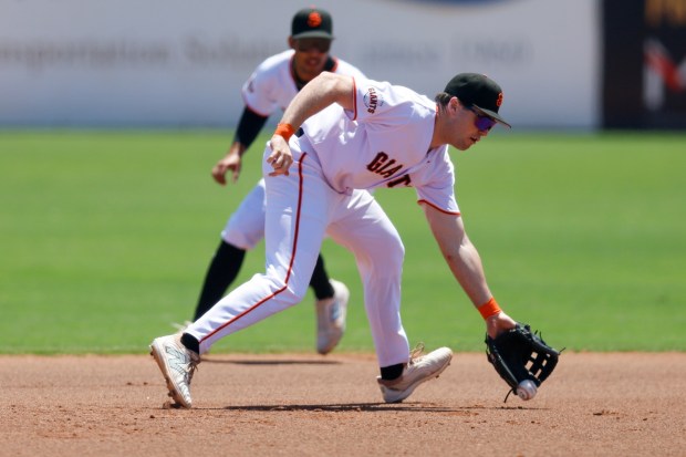 San Jose Giants' Zander Darby (35) fields a ground ball against the Stockton Ports at Excite Ballpark in San Jose, Calif., Wednesday, June 11, 2025. (Shae Hammond/Bay Area News Group)