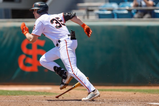 San Jose Giants' Zander Darby (35) runs after hitting the ball against the Stockton Ports at Excite Ballpark in San Jose, Calif., Wednesday, June 11, 2025. (Shae Hammond/Bay Area News Group)