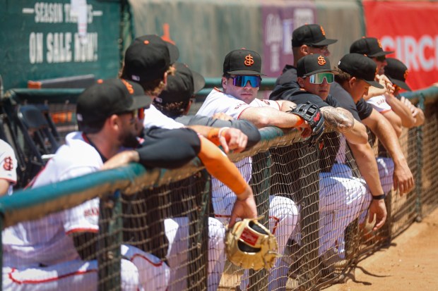 San Jose Giants' Zander Darby (35), center, stands in the dugout before a game at Excite Ballpark in San Jose, Calif., Wednesday, June 11, 2025. (Shae Hammond/Bay Area News Group)