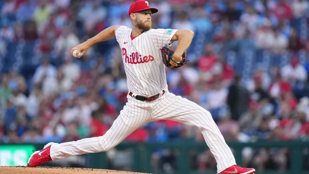 Zack Wheeler #45 of the Philadelphia Phillies throws a pitch in the top of the first inning against the Chicago Cubs at Citizens Bank Park on June 9, 2025 in Philadelphia, Pennsylvania. (Photo by Mitchell Leff/Getty Images)