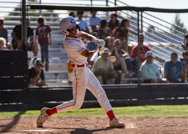 Chico High's Jorden Neugebauer hits a two-run single in the...
