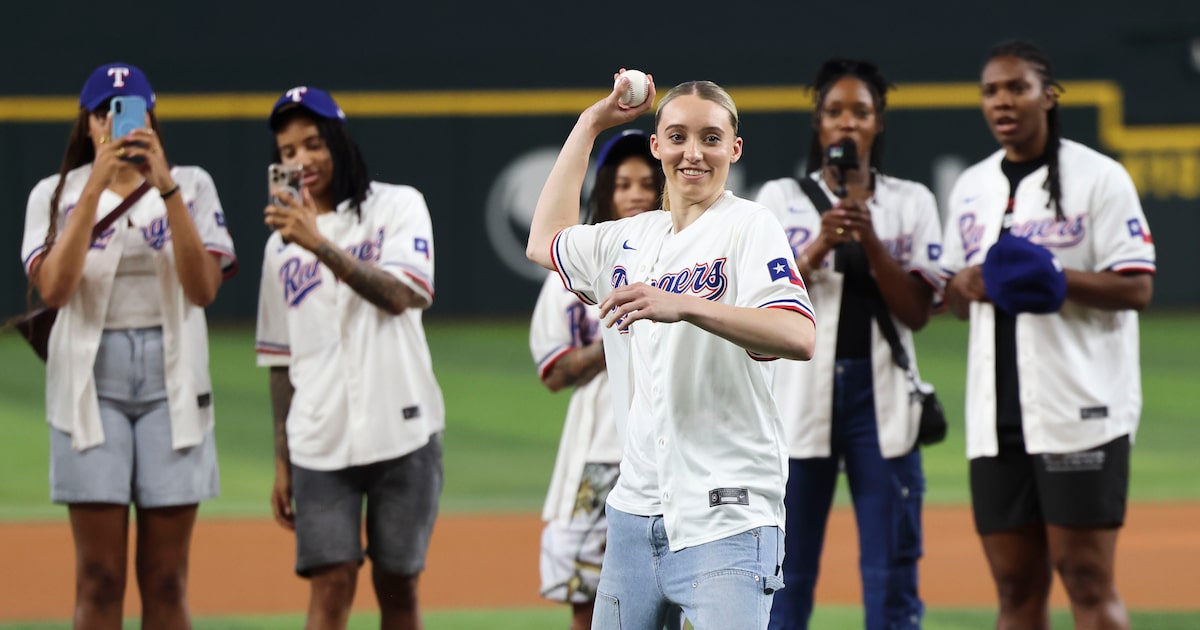 Dallas Wings’ Paige Bueckers throws a strike for first pitch at Rangers-Royals