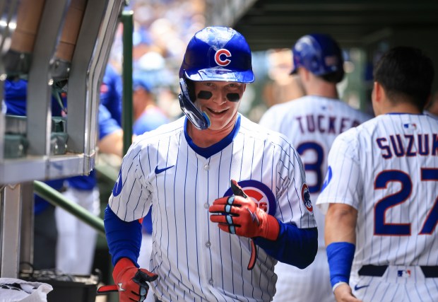 Cubs center fielder Pete Crow-Armstrong jogs through the dugout after hitting a two-run home run in the first inning against the Brewers at Wrigley Field on June 19, 2025, in Chicago. (John J. Kim/Chicago Tribune)