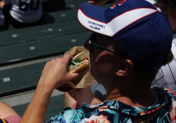 A fan unwraps a hot dog for consumption before a Cubs-Mariners game on Saturday, June 21, 2025, at Wrigley Field. (John J. Kim/Chicago Tribune)