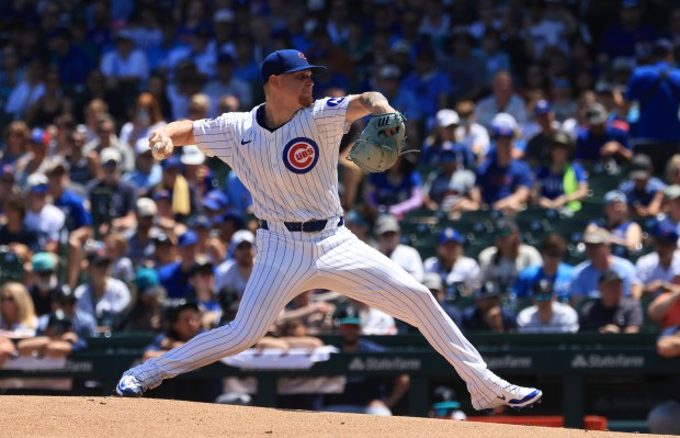 Cubs starter Cade Horton delivers against the Mariners in the first inning on June 21, 2025, at Wrigley Field. (John J. Kim/Chicago Tribune)