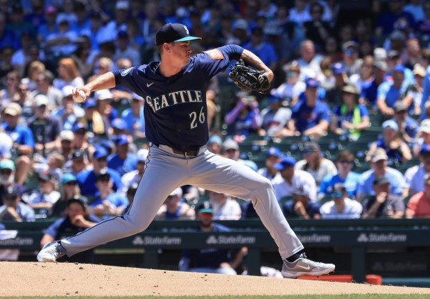 Mariners pitcher Emerson Hancock delivers against the Cubs in the first inning on June 21, 2025, at Wrigley Field. (John J. Kim/Chicago Tribune)