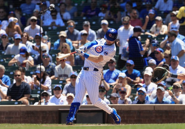 Cubs right fielder Kyle Tucker connects for a solo home run against the Mariners in the first inning on June 21, 2025, at Wrigley Field. (John J. Kim/Chicago Tribune)