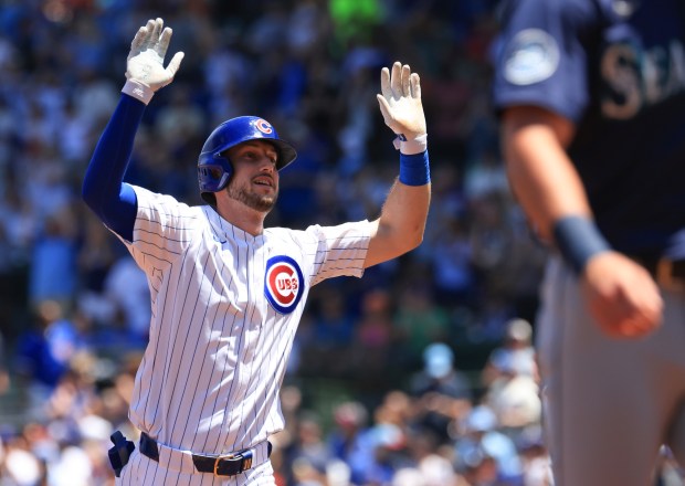 Cubs right fielder Kyle Tucker rounds the bases after hitting a home run against the Mariners in the first inning on June 21, 2025, at Wrigley Field. (John J. Kim/Chicago Tribune)