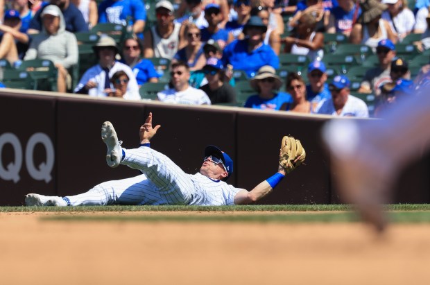 Cubs second baseman Nico Hoerner falls onto his back while chasing a single from Mariners designated hitter Jorge Polanco in the fifth inning on June 21, 2025, at Wrigley Field. (John J. Kim/Chicago Tribune)