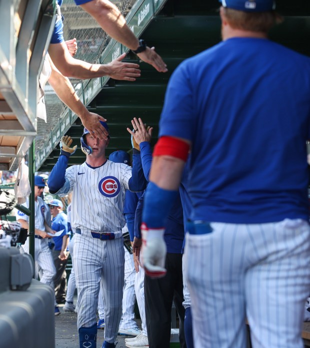 Cubs center fielder Pete Crow-Armstrong is congratulated after hitting a home run in the fifth inning against the Mariners on June 21, 2025, at Wrigley Field. (John J. Kim/Chicago Tribune)