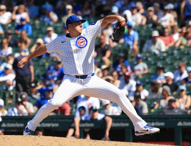 Cubs pitcher Brad Keller throws in the seventh inning against the Mariners on June 21, 2025, at Wrigley Field. (John J. Kim/Chicago Tribune)