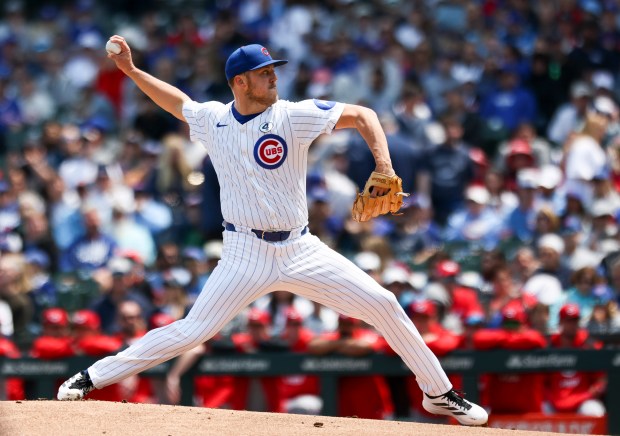 Chicago Cubs pitcher Jameson Taillon (50) pitches during the first inning against the Cincinnati Reds at Wrigley Field on Sunday, June 1, 2025. (Eileen T. Meslar/Chicago Tribune)