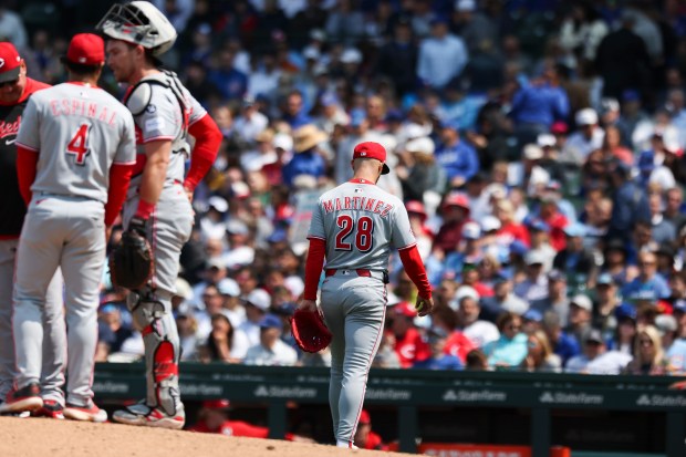 Cincinnati Reds pitcher Nick Martinez (28) is taken out during the fifth inning against the Chicago Cubs at Wrigley Field on Sunday, June 1, 2025. (Eileen T. Meslar/Chicago Tribune)