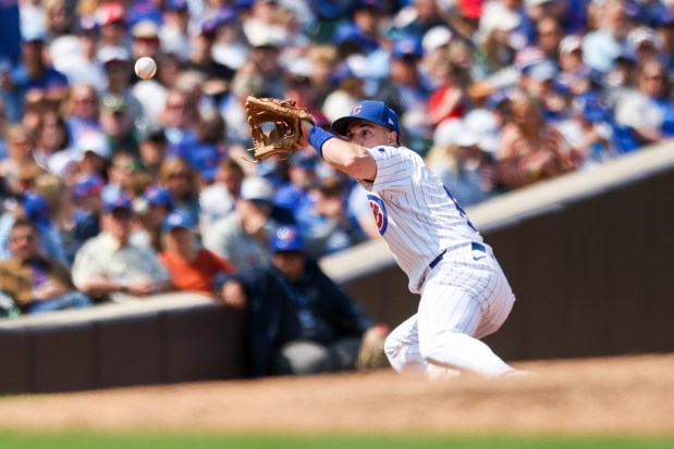 Cubs third baseman Matt Shaw fields the ball during the seventh inning against the Reds on Sunday, June 1, 2025, at Wrigley Field. (Eileen T. Meslar/Chicago Tribune)