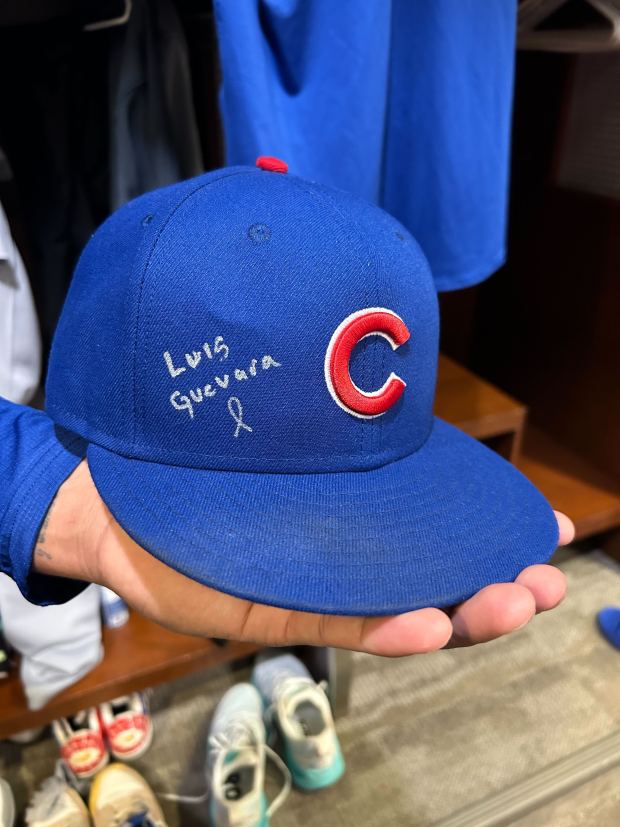 Cubs reliever Daniel Palencia's cap, with a handwritten ribbon and the name of Luis Guevara, a 19-year-old minor-league infielder in the Orioles organization who died after a jet ski crash June 15, 2025, in Florida. (Chicago Cubs)