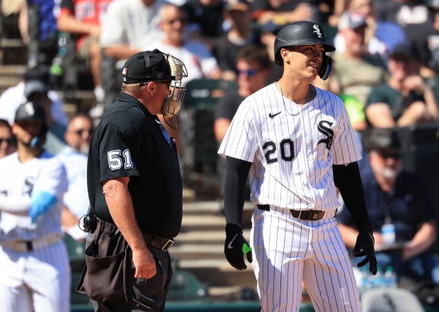 White Sox first baseman Miguel Vargas turns away from the plate umpire after being called out on strikes in the third inning against the Giants on Saturday, June 28, 2025, at Rate Field. (John J. Kim/Chicago Tribune)