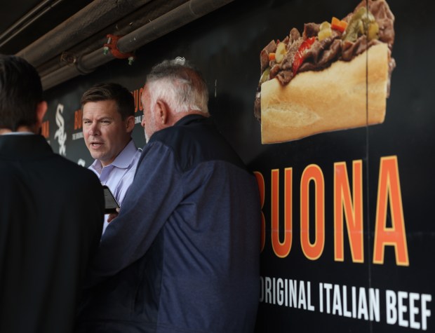White Sox general manager Chris Getz answers reporters' questions before a game against the Royals on June 6, 2025, at Rate Field. (John J. Kim/Chicago Tribune)
