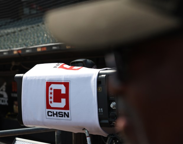 A Chicago Sports Network logo covers a broadcast camera before a White Sox-Royals game on June 6, 2025, at Rate Field. (John J. Kim/Chicago Tribune)