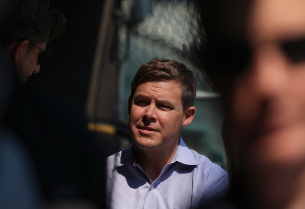 White Sox general manager Chris Getz talks to reporters one-on-one after meeting them in a group setting before a game against the Royals on June 6, 2025, at Rate Field. (John J. Kim/Chicago Tribune)