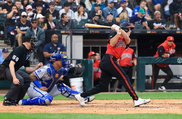 White Sox catcher Kyle Teel swings through on his first major-league hit with a single in the fourth inning against the Royals at Rate Field on June 6, 2025, in Chicago. (John J. Kim/Chicago Tribune)