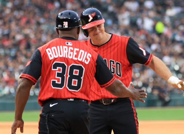 White Sox catcher Kyle Teel casts a smile after hitting his first major-league hit with a single in the fourth inning against the Royals at Rate Field on June 6, 2025, in Chicago. (John J. Kim/Chicago Tribune)