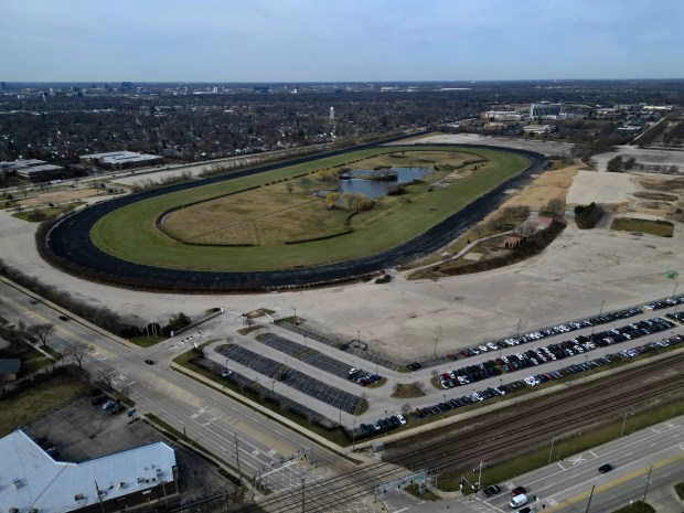 An aerial photo shows the former Arlington International Racecourse on...