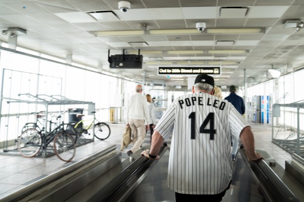 Mike Donatelli exits the Red Line before making his way to Rate Field as Chicago celebrates the election of Pope Leo XIV with a citywide gathering and Catholic Mass on June 14, 2025. (Audrey Richardson/Chicago Tribune)