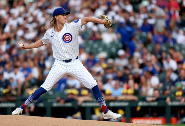 Cubs starter Ben Brown delivers to the Brewers in the first inning Tuesday, June 17, 2025, at Wrigley Field. (Chris Sweda/Chicago Tribune)