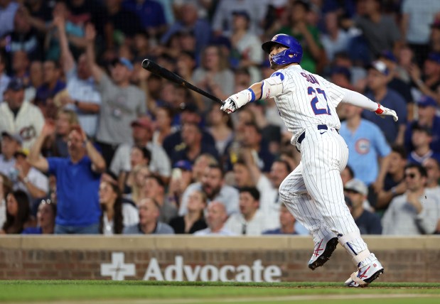 Cubs designated hitter Seiya Suzuki watches the flight of his three-run home run in the fifth inning against the Brewers on Tuesday, June 17, 2025, at Wrigley Field. (Chris Sweda/Chicago Tribune)