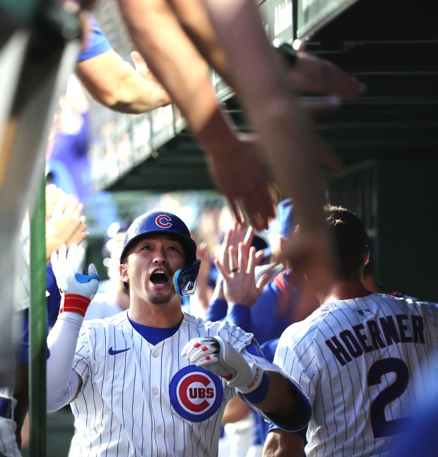 Cubs designated hitter Seiya Suzuki is congratulated by teammates in the dugout after hitting a three-run home run in the fifth inning against the Brewers on Tuesday, June 17, 2025, at Wrigley Field. (Chris Sweda/Chicago Tribune)
