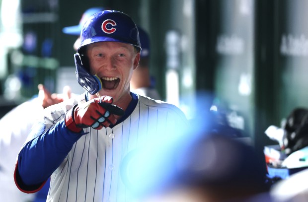Cubs center fielder Pete Crow-Armstrong celebrates in the dugout after hitting a solo home run in the eighth inning against the Brewers on Tuesday, June 17, 2025, at Wrigley Field. (Chris Sweda/Chicago Tribune)