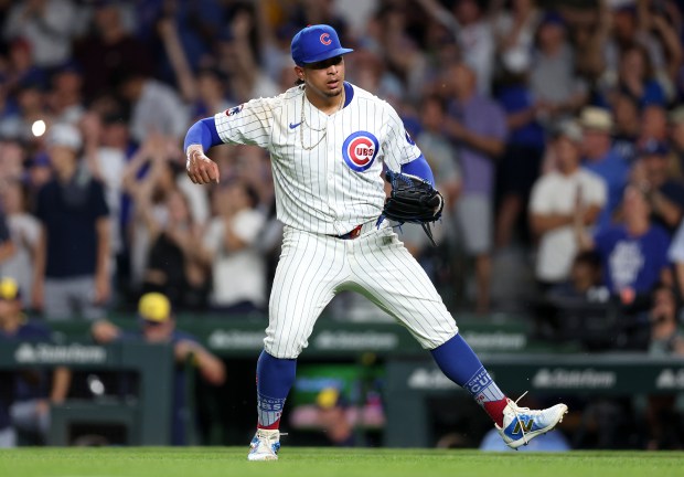 Cubs reliever Daniel Palencia celebrates after closing out the Brewers in the ninth inning to secure a 5-3 victory Tuesday, June 17, 2025, at Wrigley Field. (Chris Sweda/Chicago Tribune)