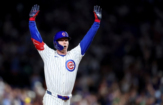 Chicago Cubs center fielder Pete Crow-Armstrong celebrates as he rounds the bases after hitting a solo home run in the eighth inning of a game against the Milwaukee Brewers at Wrigley Field in Chicago on June 17, 2025. (Chris Sweda/Chicago Tribune)