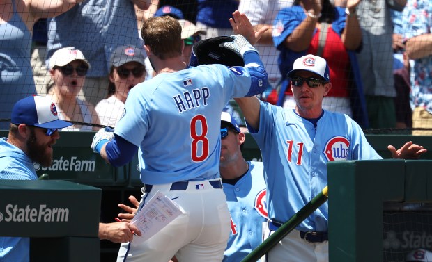 Cubs left fielder Ian Happ high-fives manager Craig Counsell after hiting a solo home run in the first inning against the Mariners on Friday, June 20, 2025, at Wrigley Field. (Chris Sweda/Chicago Tribune)
