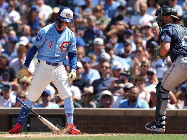 Cubs center fielder Pete Crow-Armstrong throws his bat to the ground after striking out to end the fifth inning against the Mariners on Friday, June 20, 2025, at Wrigley Field. (Chris Sweda/Chicago Tribune)