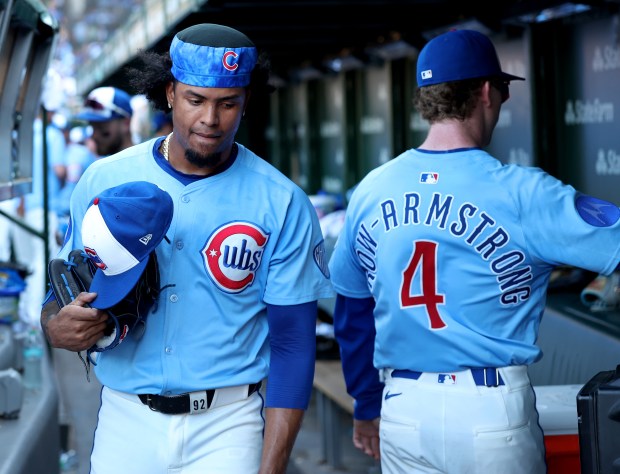 Cubs reliever Génesis Cabrera walks through the dugout after a poor performance in the ninth inning against the Mariners on Friday, June 20, 2025,at Wrigley Field. (Chris Sweda/Chicago Tribune)