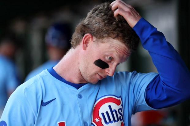 Cubs center fielder Pete Crow-Armstrong walks through the dugout after striking out in the fifth inning against the Mariners on Friday, June 20, 2025, at Wrigley Field. (Chris Sweda/Chicago Tribune)