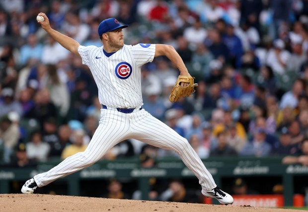 Cubs starter Jameson Taillon delivers to the Pirates in the third inning on June 12, 2025, at Wrigley Field. (Chris Sweda/Chicago Tribune)