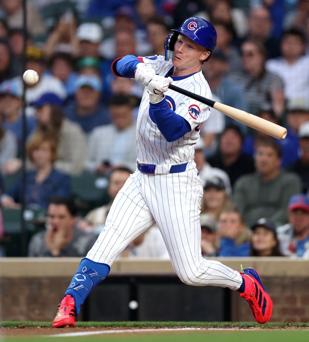 Cubs center fielder Pete Crow-Armstrong hits a two-run home run in the fourth inning against the Pirates on June 12, 2025, at Wrigley Field. (Chris Sweda/Chicago Tribune)