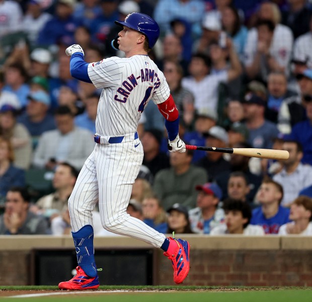 Cubs center fielder Pete Crow-Armstrong watches the flight of his two-run home run in the fourth inning against the Pirates on June 12, 2025, at Wrigley Field. (Chris Sweda/Chicago Tribune)