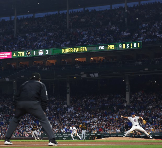 Cubs starter Jameson Taillon delivers to the Pirates in the seventh inning on June 12, 2025, at Wrigley Field. (Chris Sweda/Chicago Tribune)