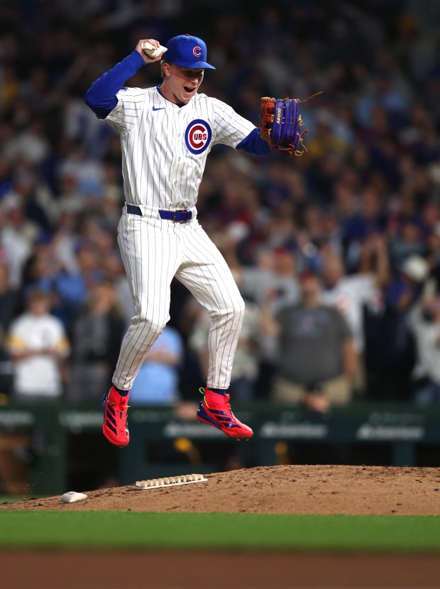 Cubs center fiielder Pete Crow-Armstrong celebrates after a victory over the Pirates on June 12, 2025, at Wrigley Field. (Chris Sweda/Chicago Tribune)