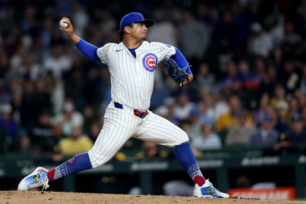 Cubs reliever Daniel Palencia delivers to the Pirates in the eighth inning on June 12, 2025, at Wrigley Field. (Chris Sweda/Chicago Tribune)