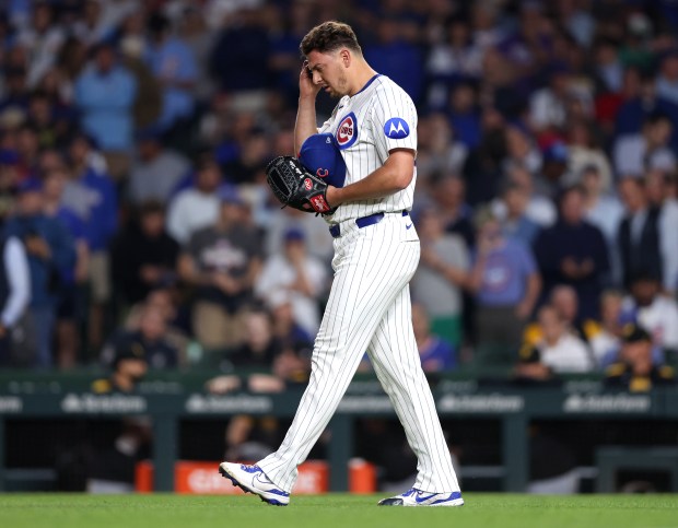 Cubs reliever Brad Keller walks on the infield during the seventh inning against the Pirates on June 12, 2025, at Wrigley Field. (Chris Sweda/Chicago Tribune)